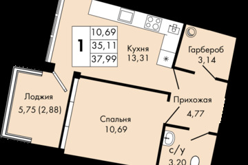 1-к квартира, 37,9 м², 2/9 эт.