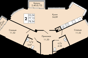 2-к квартира, 78,5 м², 2/9 эт.