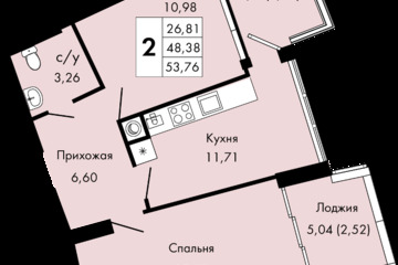 2-к квартира, 53,7 м², 2/9 эт.