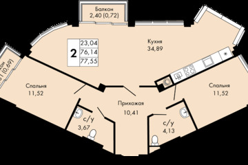 2-к квартира, 77,5 м², 6/9 эт.