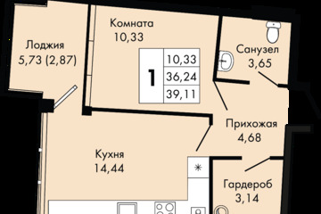 1-к квартира, 39,1 м², 9/9 эт.