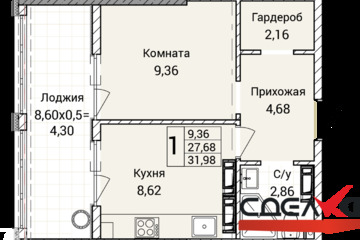 1-к квартира, 31,9 м², 7/9 эт.